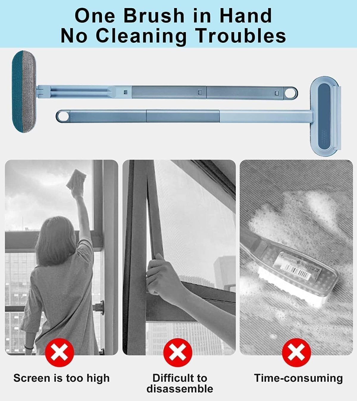 Multifunctional Screen Brush 4 in 1 Mesh Cleaning Brush with Extended Handle Window Cleaning Brush Mosquito Net Cleaner Double Sided Window Cleaner Window Mesh Cleaner - Image 4