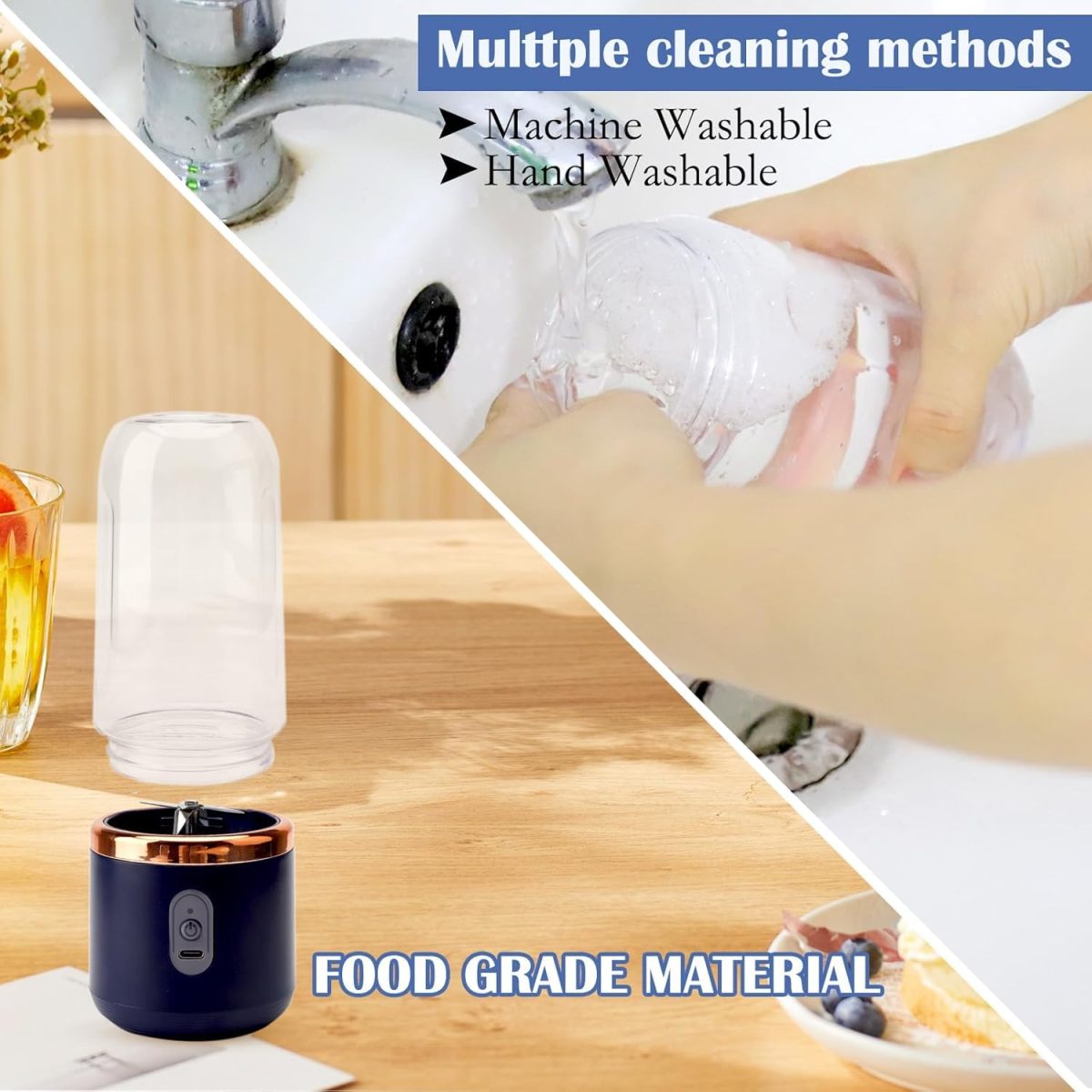 Qlect Portable Blender Electric Juicers Fruit Mixers USB Rechargeable Smoothie Mini Personal Juicer 6 Blades 3Gears With 1500 Mah Rechargeable Battery-Smoothie Blender(Blue) - Image 5