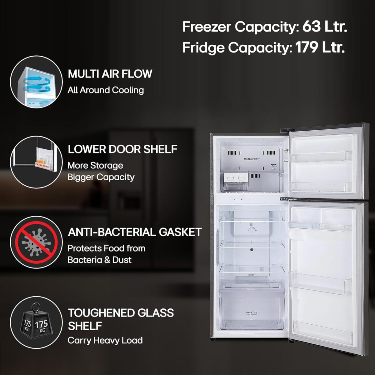 LG 242 L 3 Star Smart Inverter Frost-Free Double Door Refrigerator (GL-I292RPZX, Shiny Steel, Door Cooling+) - Image 3