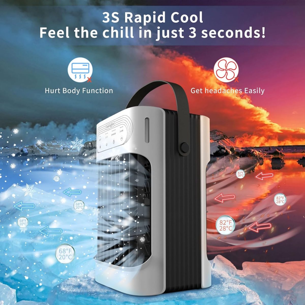 Portable Air Conditioners Cooling Fan, 3 in 1 Evaporative Air Cooler, Portable AC Unit with 3 Speeds, 3 Cool Mists, 4 Timers, 7 Color Lights, Personal Desktop Mini Cooling Fan for Room Camping Car - Image 3