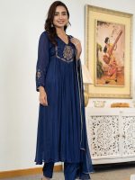 Naixa Women's Silk Chiffon Embroidered A-Line Kurta with Rayon Pant and Silk Chiffon Laced Dupatta Sets (NX-661) - Image 3