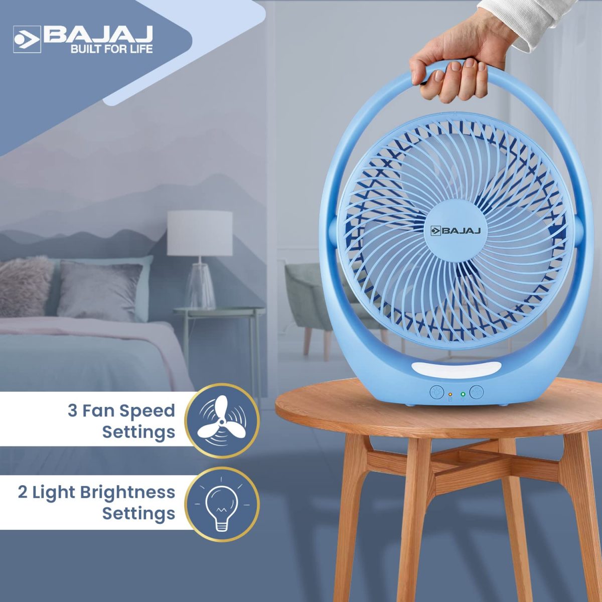 Bajaj Pygmy Go 178MM Mini Fan with LED Lighting | Rechargeable | USB Charging | 4-hours Battery Backup | 3 Speed | 2-Light Brightness Setting | High Speed | Portable【Blue】 - Image 4