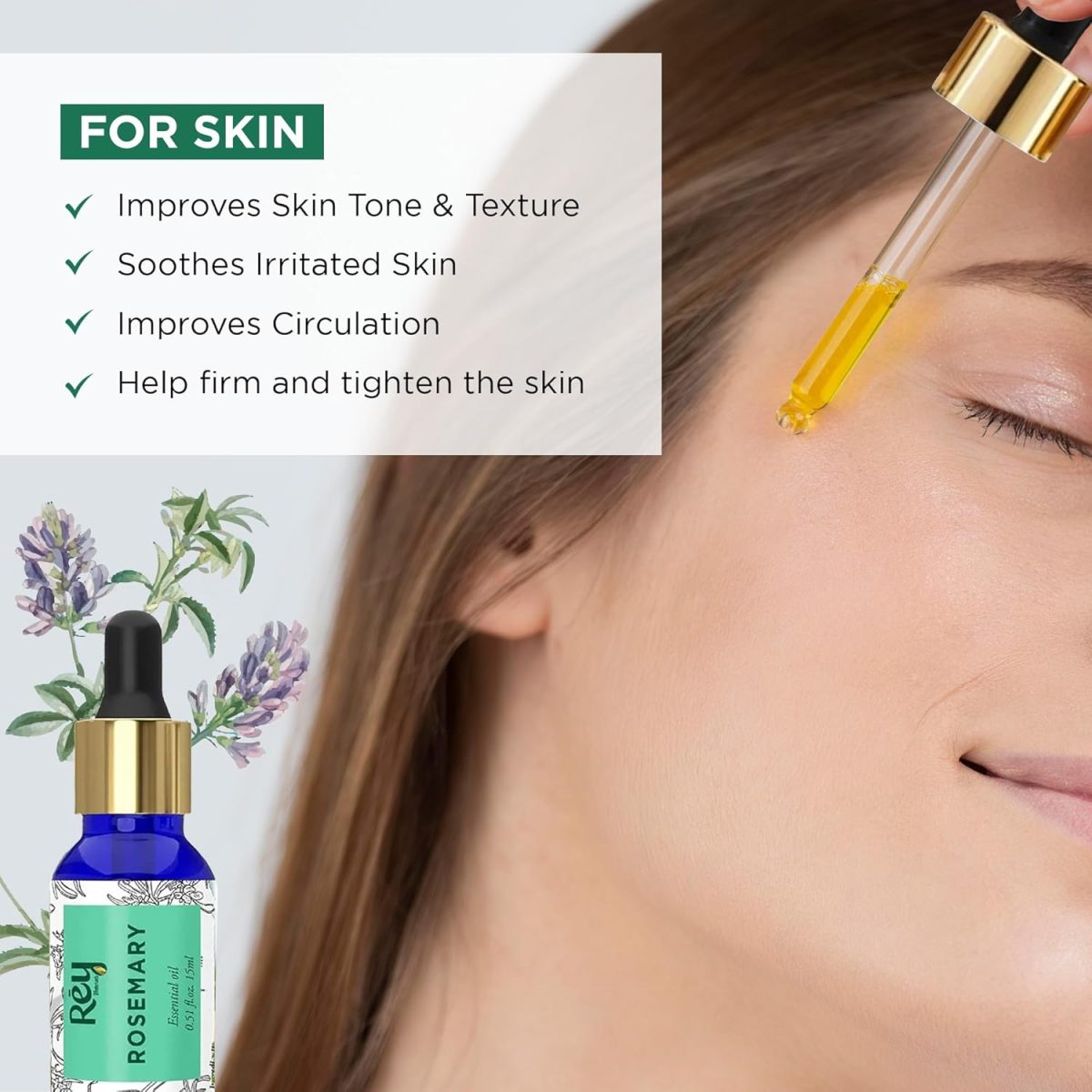 Rey Naturals Pure Rosemary Essential Oil For Hair Growth, Hairfall Control, Dandruff & Skin | Non Greasy Rosemary Oil for Skin, Body and Shiny Soft Hair | Hair Oil For Women & Men - 15ml - Image 5