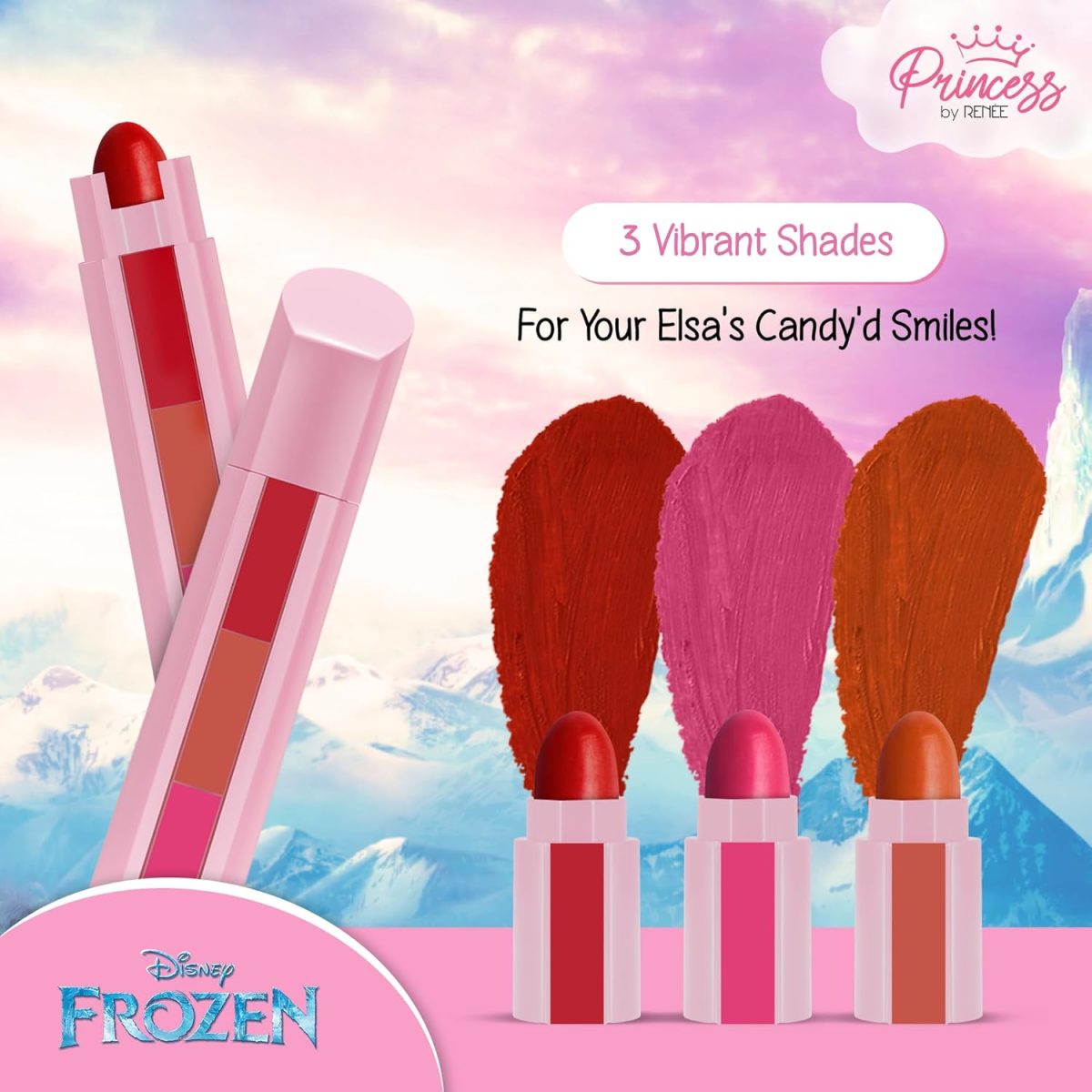 RENEE Disney Frozen Princess By Candy 3-In-1 Tinted Matte Lipstick Elsa For Pre-Teen Girls - 3 Versatile Shades In One Stick With No Parabens - Dermatologically Tested, Peta Certified 4.5G - Image 3