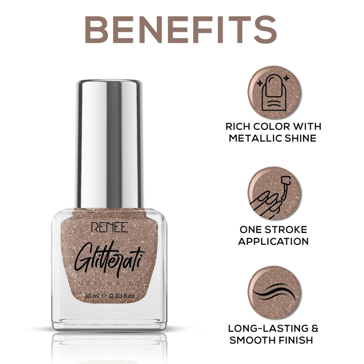 RENEE Glitterati Nail Paint - Copper Crush 10ml, Quick Drying, Glittery Finish, Long Lasting, Chip resisting Formula with High Glitter & Full Coverage, Acetone & Paraben Free - Image 3