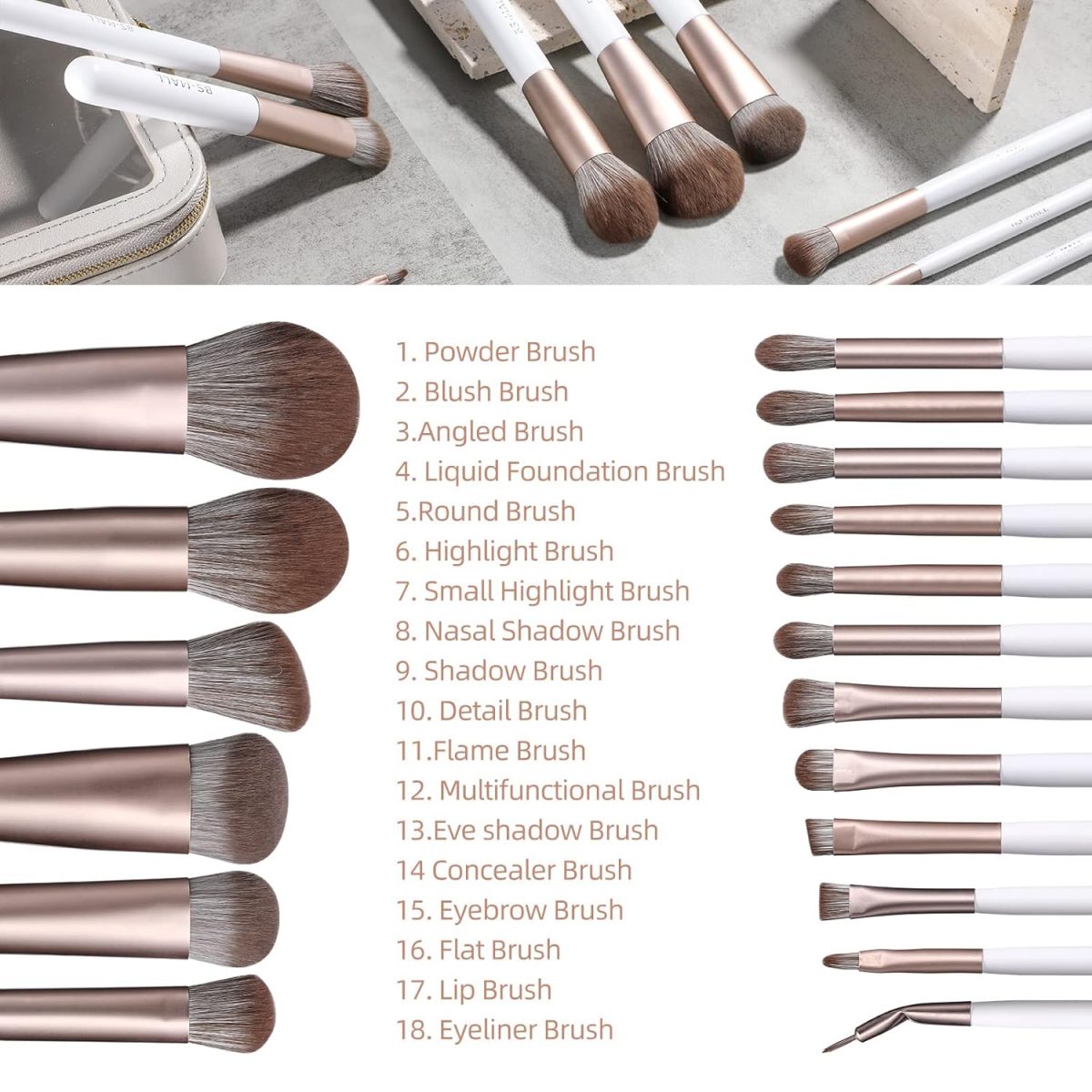 BS-MALL Makeup Brushes18 Pcs Premium Synthetic Powder Foundation Blush Contour Concealers Lip Brushes with Brush Holder Package for Gift （White) - Image 2