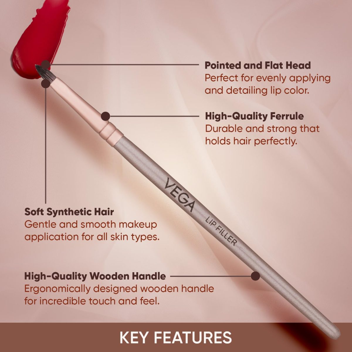 VEGA Lip Filler Makeup Brush with Wooden Handle, Lip Brush for Flawless Finish, Lipstick (MBN-13) - Image 3