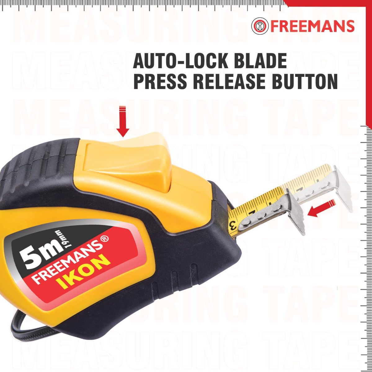 FREEMANS IKON 5m:19mm Steel Inchi Measuring Tape - 5m (Yellow & Black) With Unbreakable ABS case || Soft Grip Bi-material Case || Auto-lock and Belt Clip - Image 3