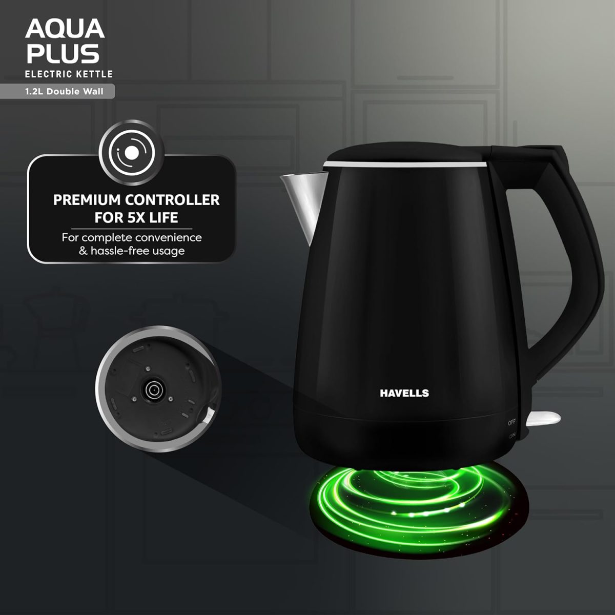 Havells Aqua Plus Electric Kettle 1.2 Litre, 1250 Watt | 304 Stainless Steel Inner Body | Cool Touch Body | Auto Shut-Off |Wider Mouth| 2 Year Warranty (Black) - Image 2