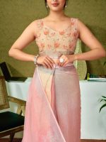 Satrani Women's Linen Printed & Zari Border Ready To Wear One Minute Pre Pleated Readymade Saree with Unstitched Blouse Piece - Image 3