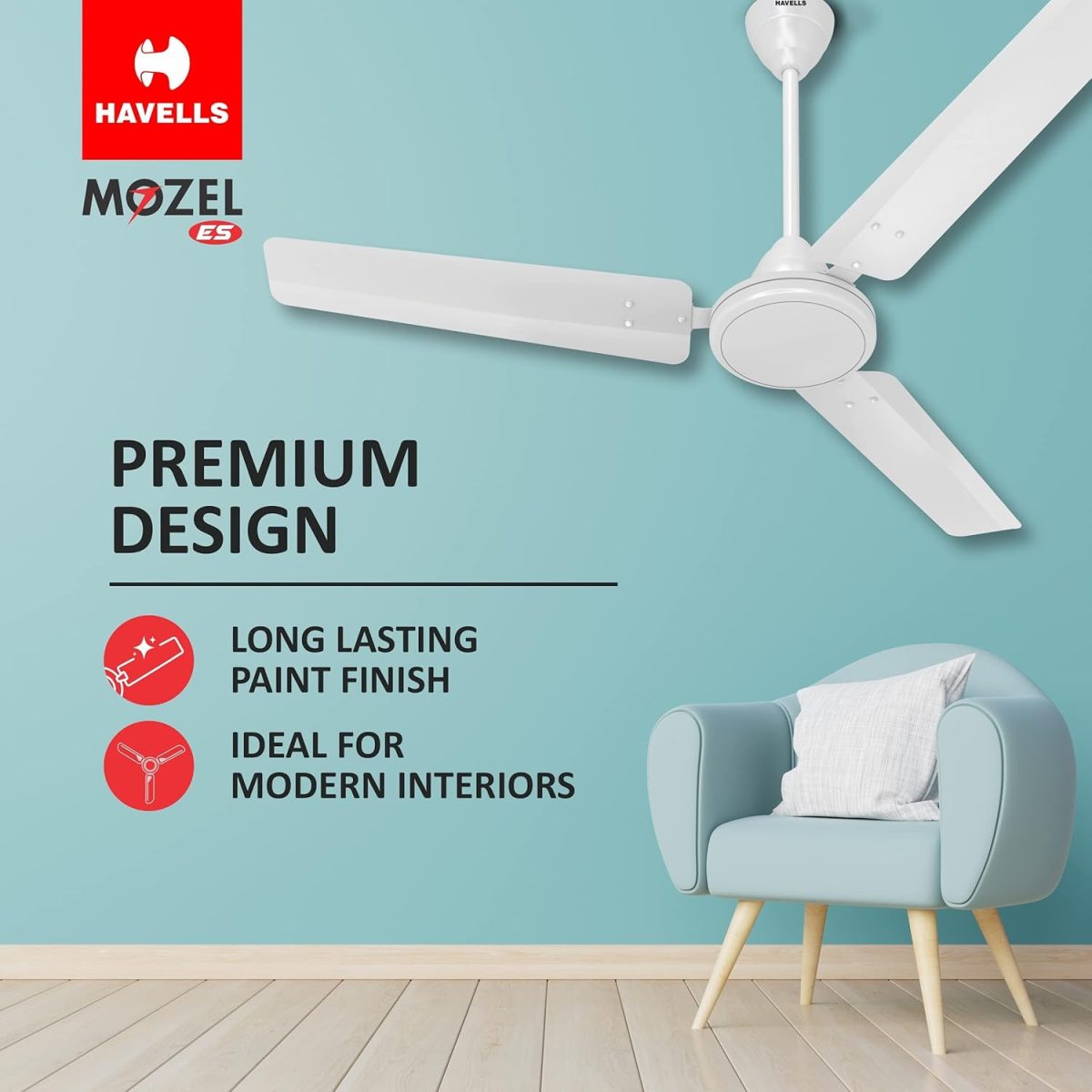 Havells 1200mm Mozel ES Ceiling Fan | Best in class base fan,High Air Delivery, Energy Saving, 100% Pure Copper Motor | 2 Year Warranty | (Pack of 1, Elegant White) - Image 3