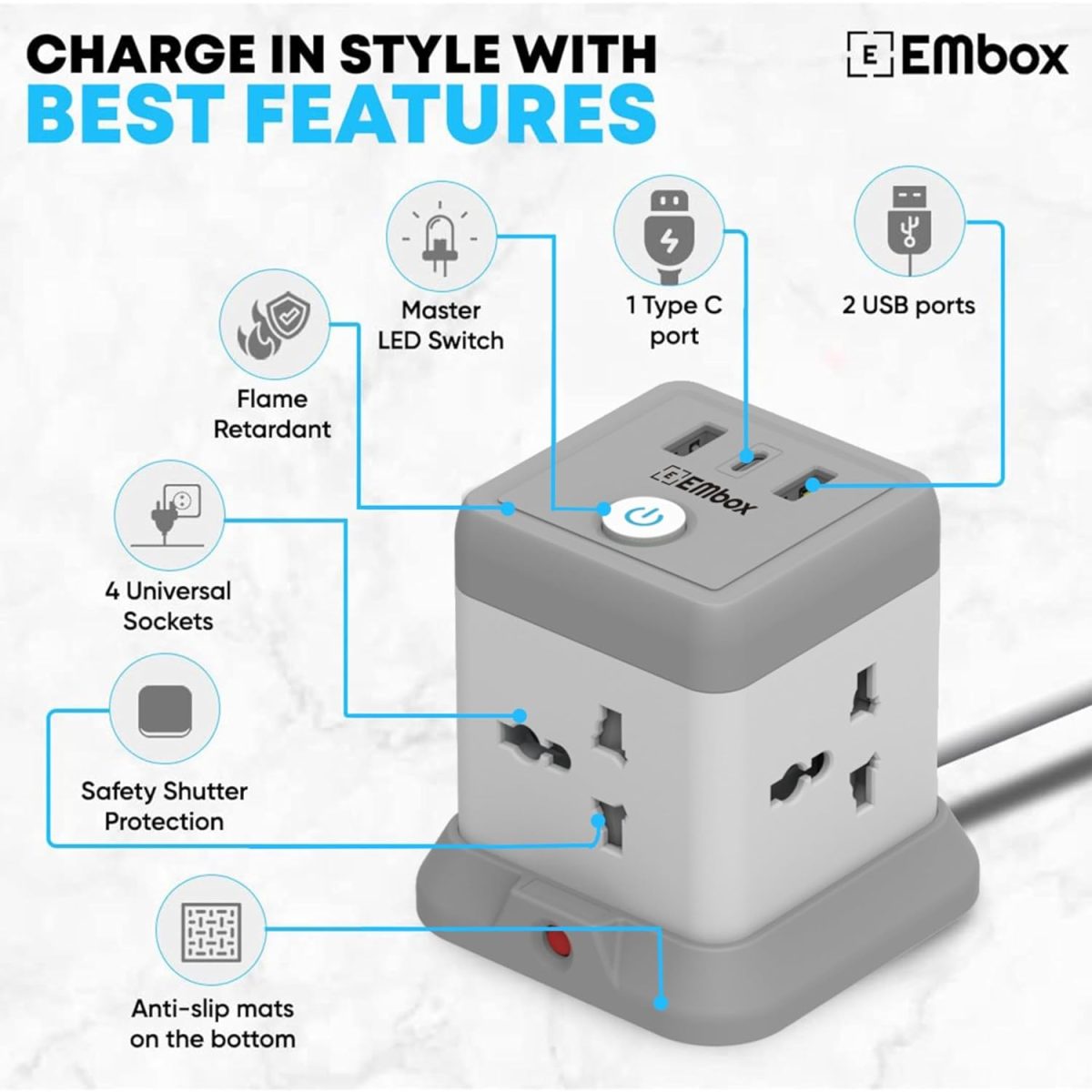 EMBOX Cube Extension Board with USB Port Universal Sockets and USB (2.4 A) (QC 3.0) Extension Board with Switches Overload Protector, Indicator, 2 Meter Extension Cord - Image 3