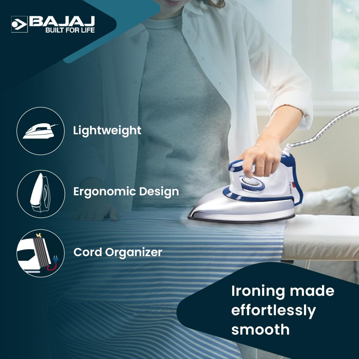 Bajaj Stainless Steel Majesty DX-11 1000 Watts Dry Iron | Advance Soleplate And Anti-Bacterial German Coating Technology | Automatic Shut Off | Thermal Safety Fuse | 2-Yrs Warranty 【White & Blue】 - Image 5