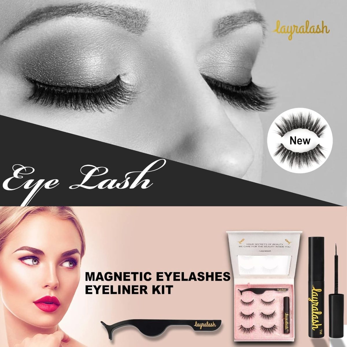 Layralash Magnetic False Eyelash Kit || Super Strong with Power of 10 Magnets || Waterproof Liquid EyeLiner || Simple & Coloured Eye Lashes || Reusable Lashes 3 Pairs with Applicator (Doll Pink) - Image 6