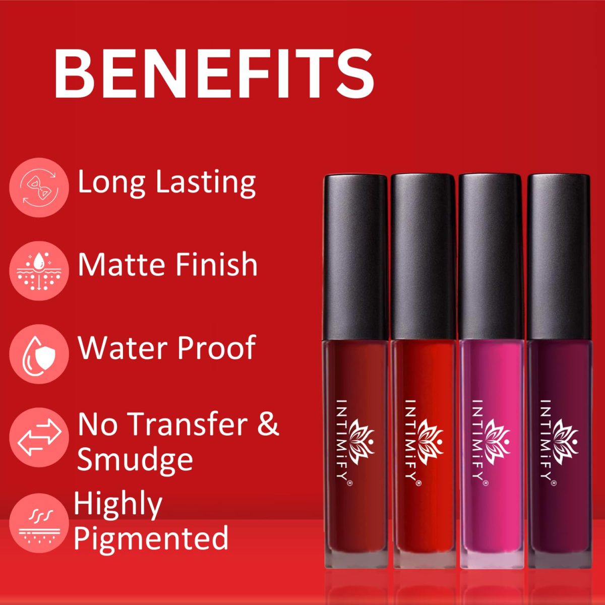 Liquid Matte Lip Stick, 8-Hour Long Stay, Long Lasting & Waterproof, Lipstick Combo (Red, Maroon, Pink, Purple – Pack Of 4) For Women - Image 6