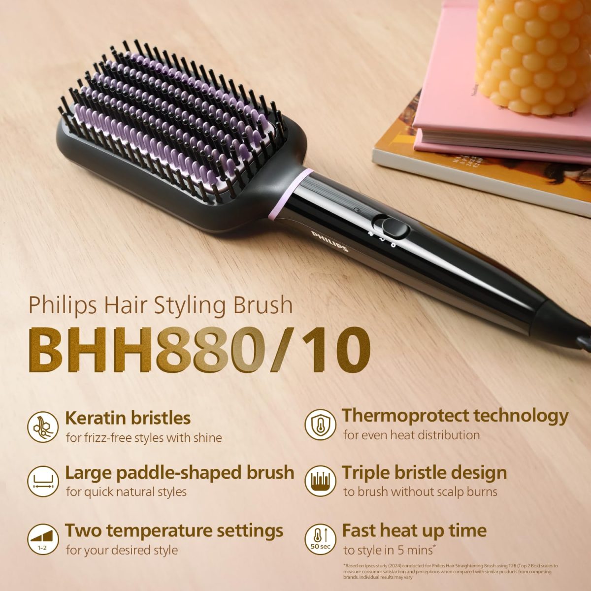 Philips Hair Straightener Brush - Naturally Straight Hair in 5mins, 5X Better Frizz Free Hair I Style with 2X More Volume | Shiny and Smooth Hair I No Scalp Burns | ThermoProtect Technology I Keratin Bristles I 2 Temperature settings | BHH880/10 - Image 4