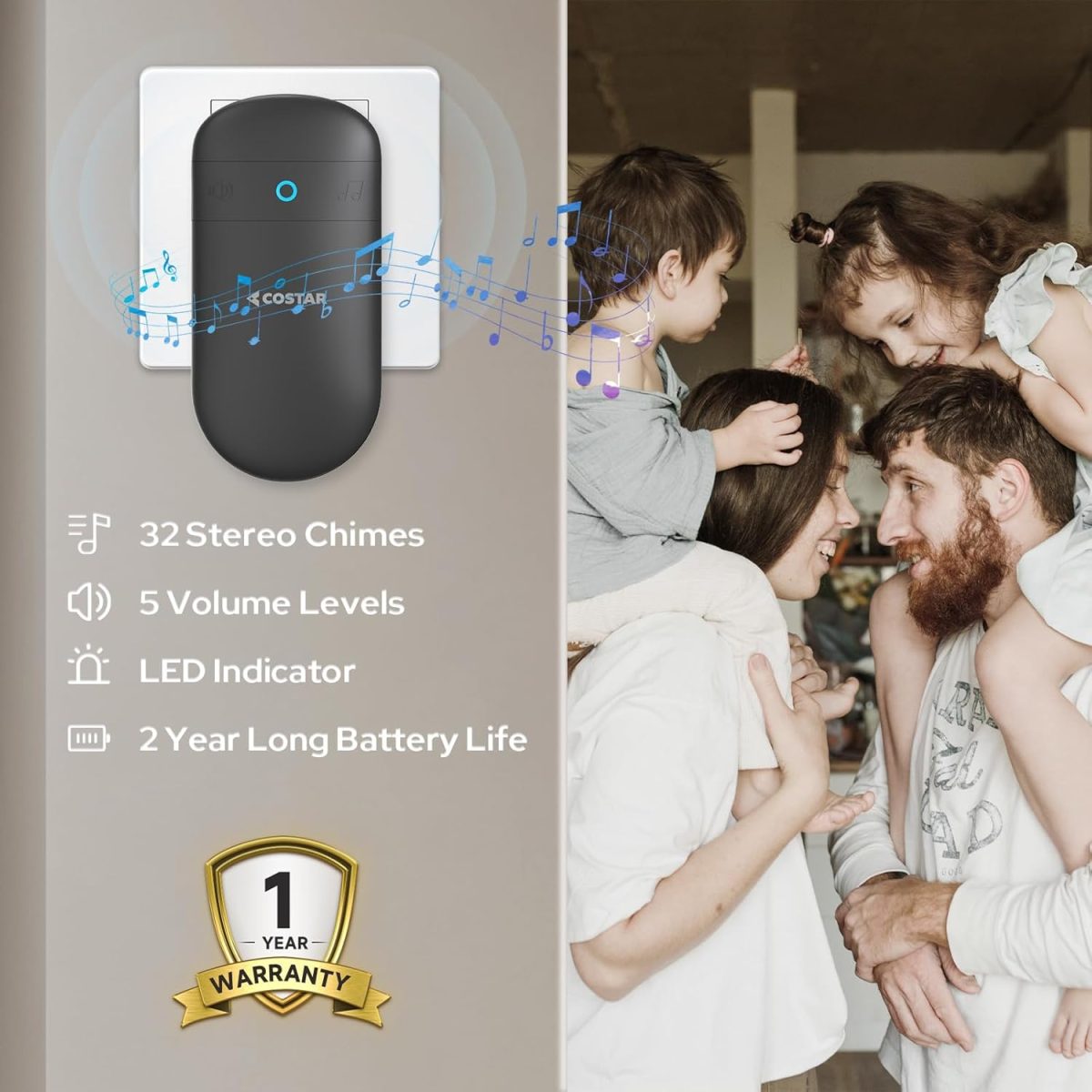 COSTAR Wireless Door Bell Kits Chime for Home Office with LED Light 300 Meter 1000 Feet Operating Range 32 Ringtones 5 Levels Volume, 1 Receiver and 1 Push Button IP44 Waterproof (Pebble T301-Black) - Image 3