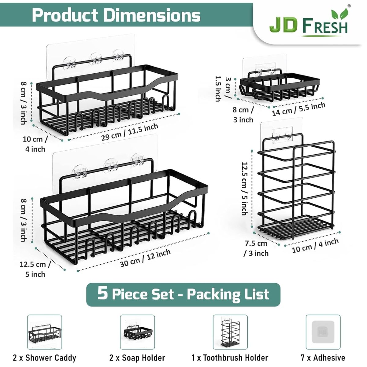 JD FRESH 5 in 1 Self Adhesive Shelf Organizer Combo/Metal Racks and Shelves for Wall/Stand for Bathroom Without Drill/Soap Holder with Tooth Brush Holder/Bathroom Accessories(Black) - Image 2