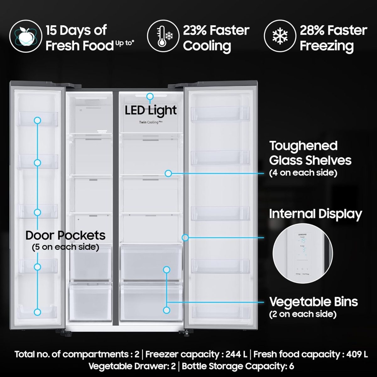 Samsung 653 L, 3 Star, Frost Free, Double Door, Convertible 5-in-1 Digital Inverter, Side By Side AI Enabled Smart Refrigerator with WiFi (RS76CG8003S9HL, Silver, Refined Inox) - Image 3