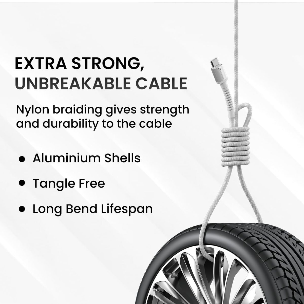 Portronics Konnect X 60W Type C to Type C Unbreakable Nylon Braided Cable, 2M Fast Charging Cable for iPhone 15 series, iPad, Samsung Galaxy & other Type C Devices(White) - Image 6