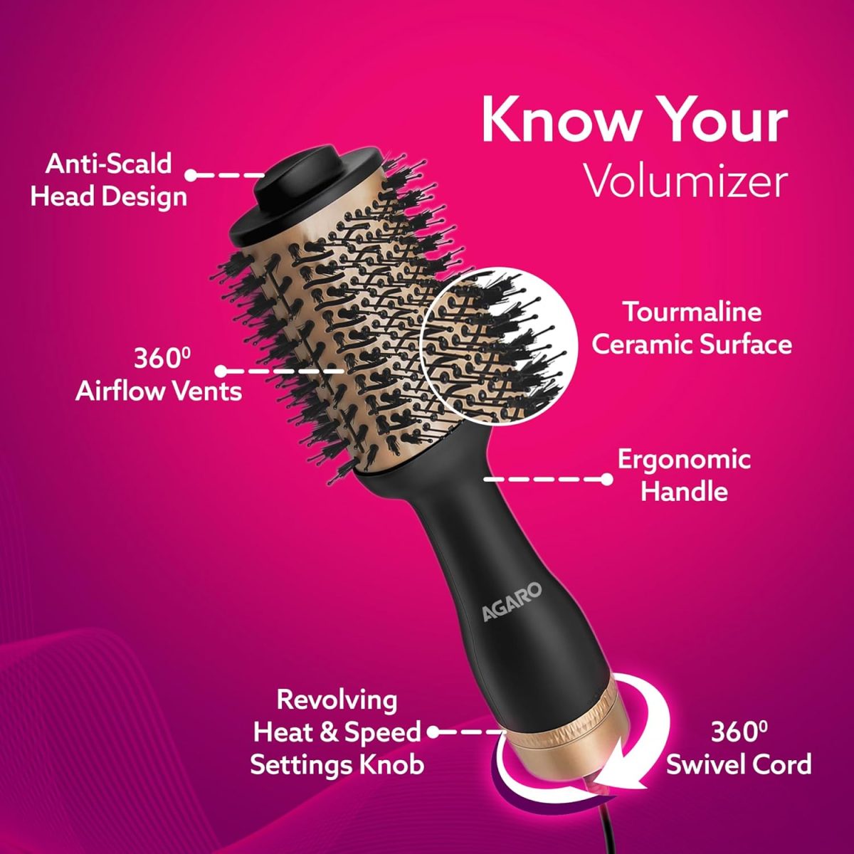 AGARO HV2179 Hot Air Brush for Hair, Blow Dryer Brush, Volumizer & Styler, 360° Airflow Vent, Oval Barrel for Hair Volume, Charcoal Bristles, Ceramic Coating Brushing Head, 1200W, Gold & Black - Image 4