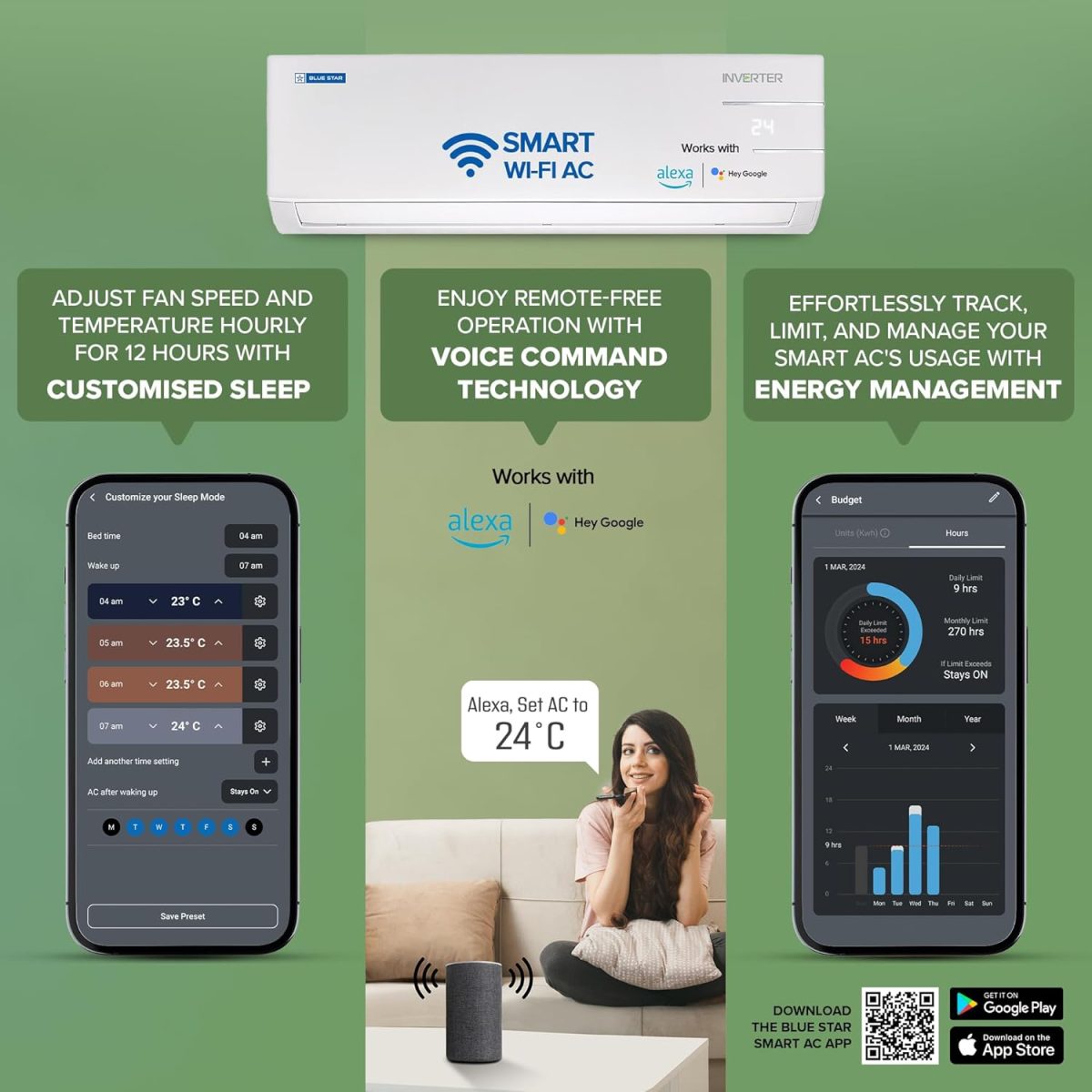 Blue Star 1.5 Ton 3 Star, 60 Months Warranty, Wi-Fi Smart Inverter Split AC (Copper, 5 in 1 Convertible Cooling, 4-Way Swing, Turbo Cool, Voice Command, IC318YNUS, White) - Image 7