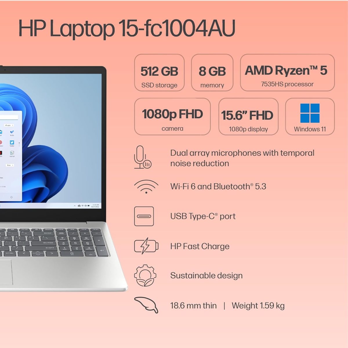 HP Laptop 15, Enhanced by AI, AMD Ryzen 5 7535HS, 15.6-inch (39.6cm), FHD, 8GB DDR5, 512GB SSD, AMD Radeon Graphics, 1080p FHD Camera w/Privacy Shutter, Backlit KB (Win 11, Silver, 1.59kg), fc1004AU - Image 11