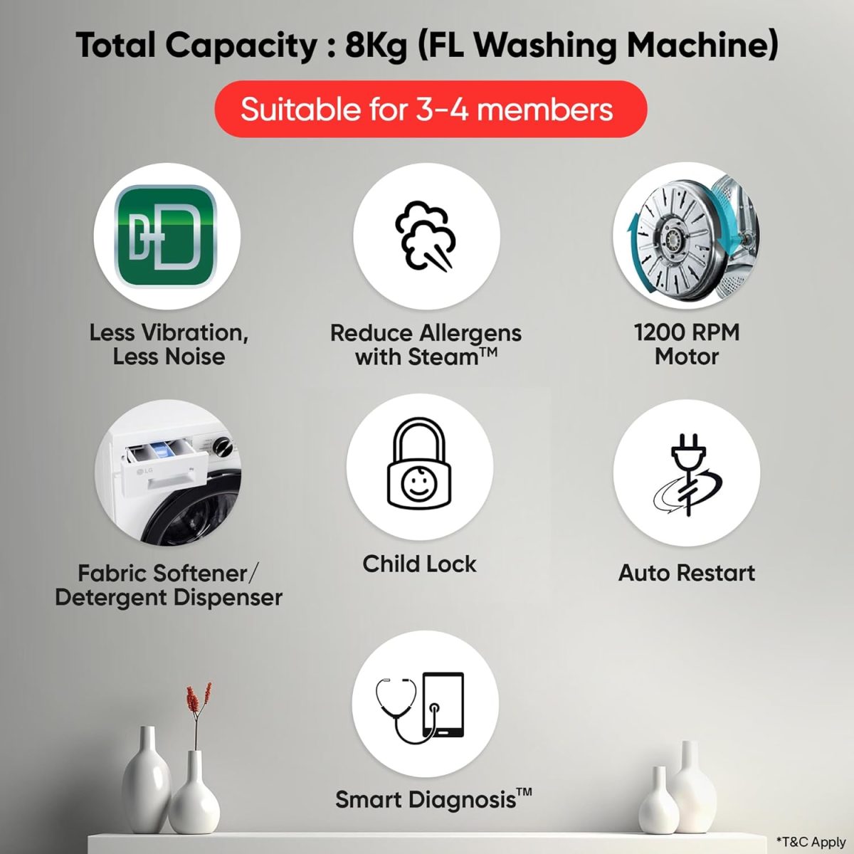 LG 8 Kg 5 Star Steam, Inverter Direct Drive Technology, 6 Motion DD, Fully-Automatic Front Load Washing Machine (FHB1208Z2W, Dial + Full Touch Buttons & LED Display, Essence White) - Image 2