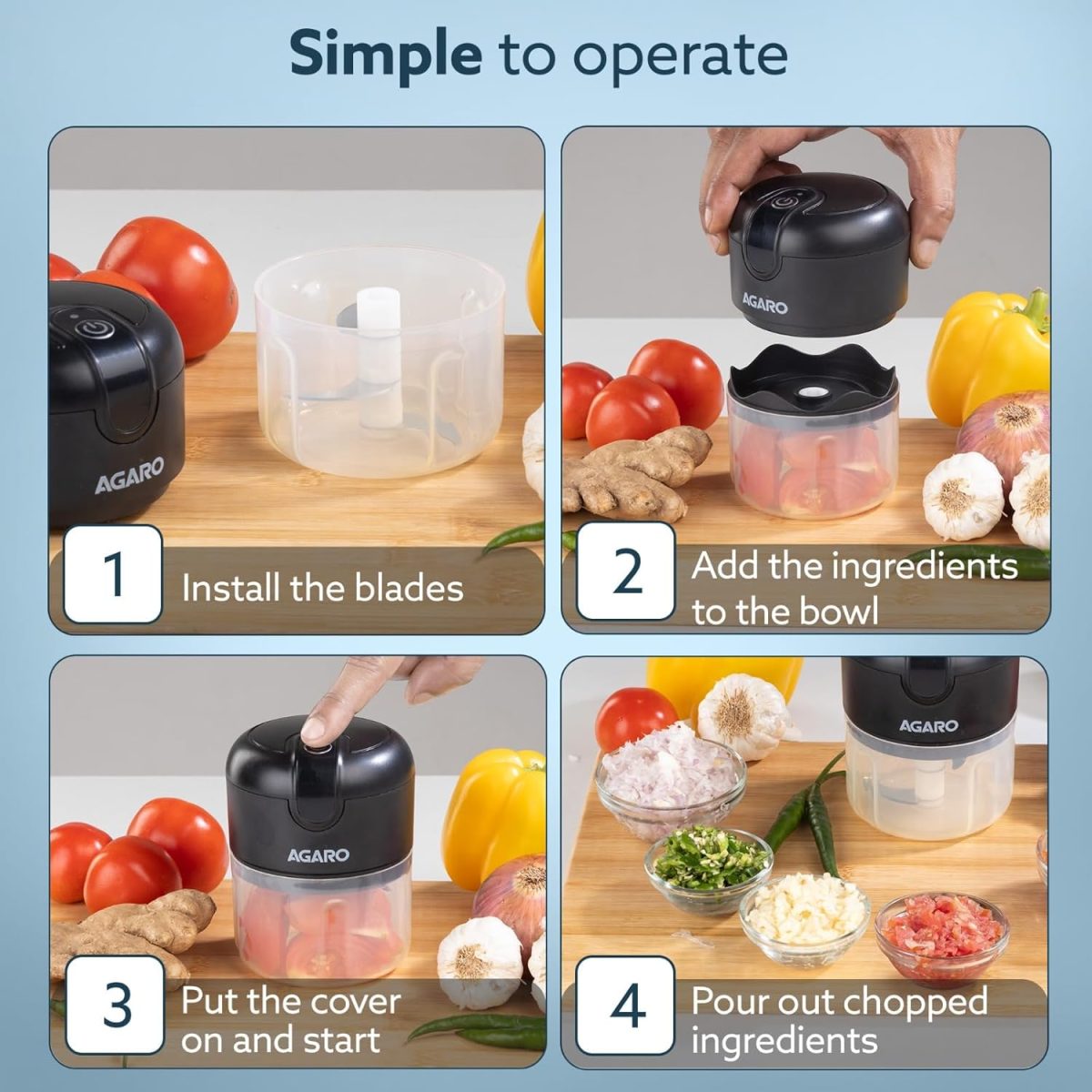 AGARO Elite Rechargeable Mini Electric Chopper, Food Grade Bowl, Stainless Steel Blades, One Touch Operation, for Mincing Garlic, Ginger, Onion, Vegetable, Meat, Nuts, 250 Ml, Black. - Image 4