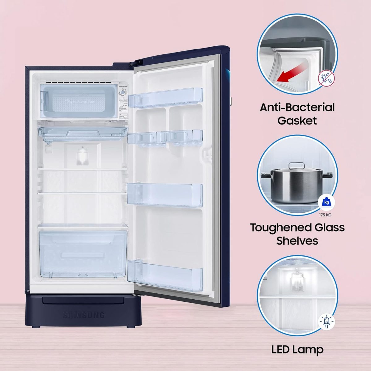 Samsung 189L 5 Star, Inverter, Direct-Cool Single Door Refrigerator (RR21C2H25UZ/HL,Midnight Blossom Blue) Base Stand Drawer - Image 2