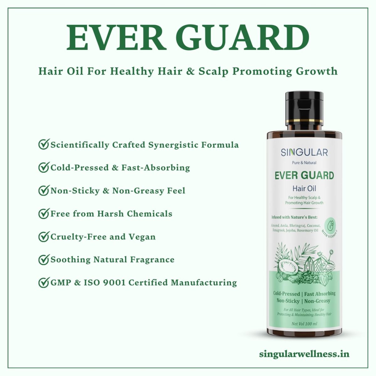 Singular Ever Guard Hair Oil for Men & Women | Hair Growth & Hair Fall Control | Cold-Pressed Blend of Argan, Almond, Bhringraj, Rosemary Oil & Vitamin E - 100 ml - Image 4