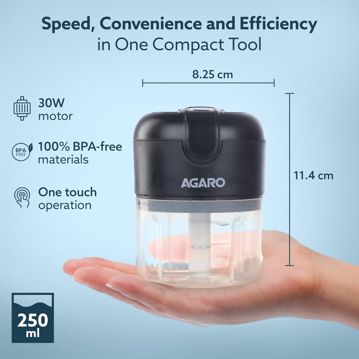 AGARO Elite Rechargeable Mini Electric Chopper, Food Grade Bowl, Stainless Steel Blades, One Touch Operation, for Mincing Garlic, Ginger, Onion, Vegetable, Meat, Nuts, 250 Ml, Black. - Image 2