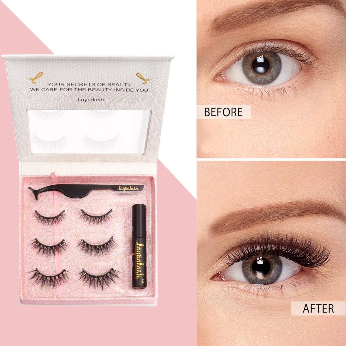 Layralash Magnetic False Eyelash Kit || Super Strong with Power of 10 Magnets || Waterproof Liquid EyeLiner || Simple & Coloured Eye Lashes || Reusable Lashes 3 Pairs with Applicator (Doll Pink) - Image 3