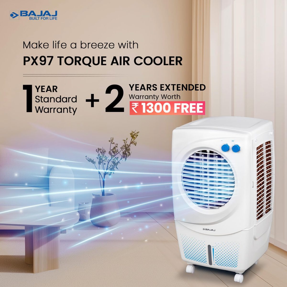 Bajaj PX97 Torque New 36L Personal Air Cooler For Home | High Speed Fan | 30Ft Powerful Air Throw | Inverter Compatible | Cooler For Room | 3 Yrs (1 Yr Standard + 2 Yrs Extended) Warranty【White】 - Image 2