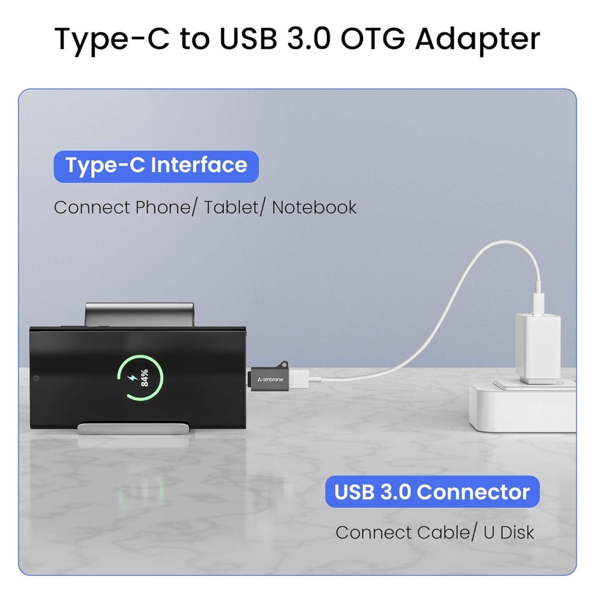 Ambrane USB 3.0 to Type C OTG Adapter, with Thunderbolt to USB to Adapter, 10Gbps High Speed Data Transfer, Compatible with for All Type C Devices Smartphone, Laptops, Tablets, Chargers, MacBook - Image 2
