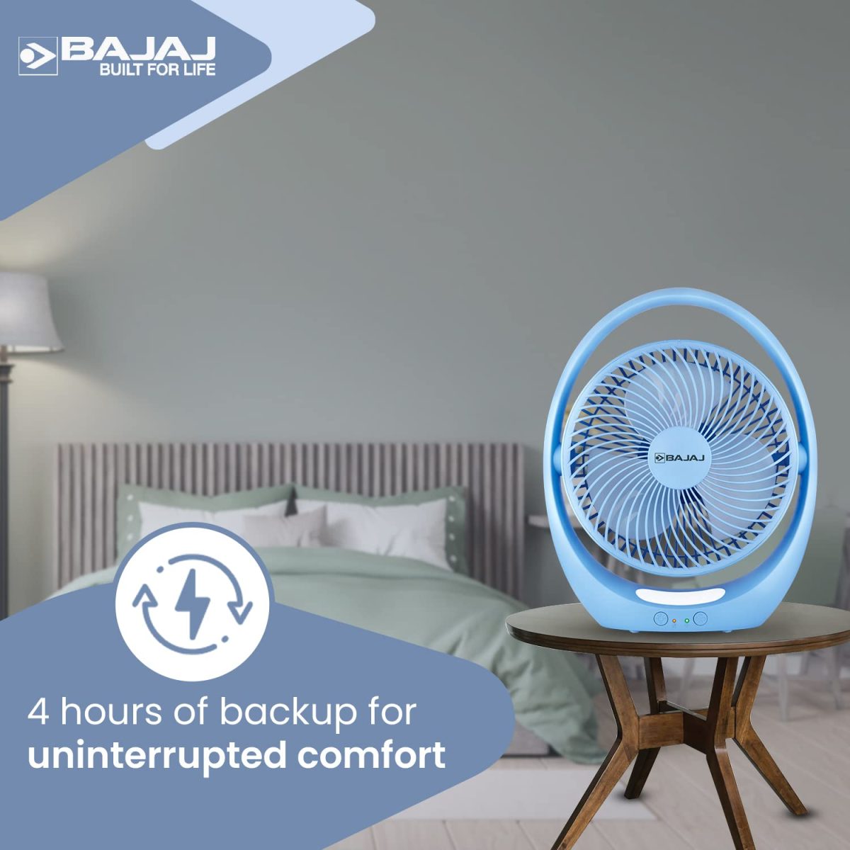 Bajaj Pygmy Go 178MM Mini Fan with LED Lighting | Rechargeable | USB Charging | 4-hours Battery Backup | 3 Speed | 2-Light Brightness Setting | High Speed | Portable【Blue】 - Image 3