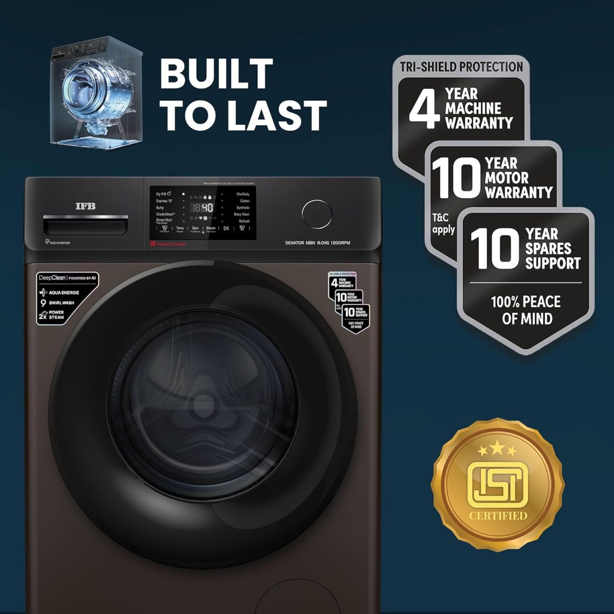 IFB 8 Kg 5 Star Powered by AI with 9 Swirl Wash, WiFi, Fully Automatic Front Load Washing Machine (Senator MBN 8012, Steam Refresh Program with Eco Inverter, Mocha) - Image 6