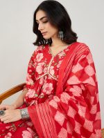 INDO ERA Women's Red Pure Cotton Printed A-Line Kurta & Pant with Dupatta Set (IESTR5487) - Image 2