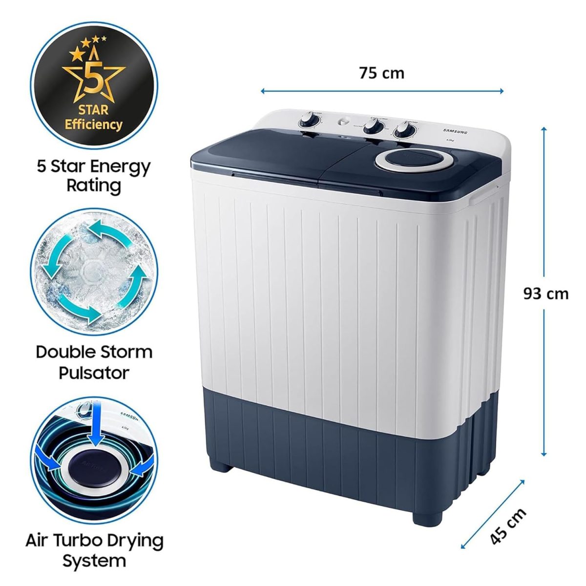 Samsung 6.5 kg, 5 star, Semi-Automatic Top Load Washing Machine (WT65R2200LL/TL, Air Turbo Drying, LIGHT GRAY) - Image 2