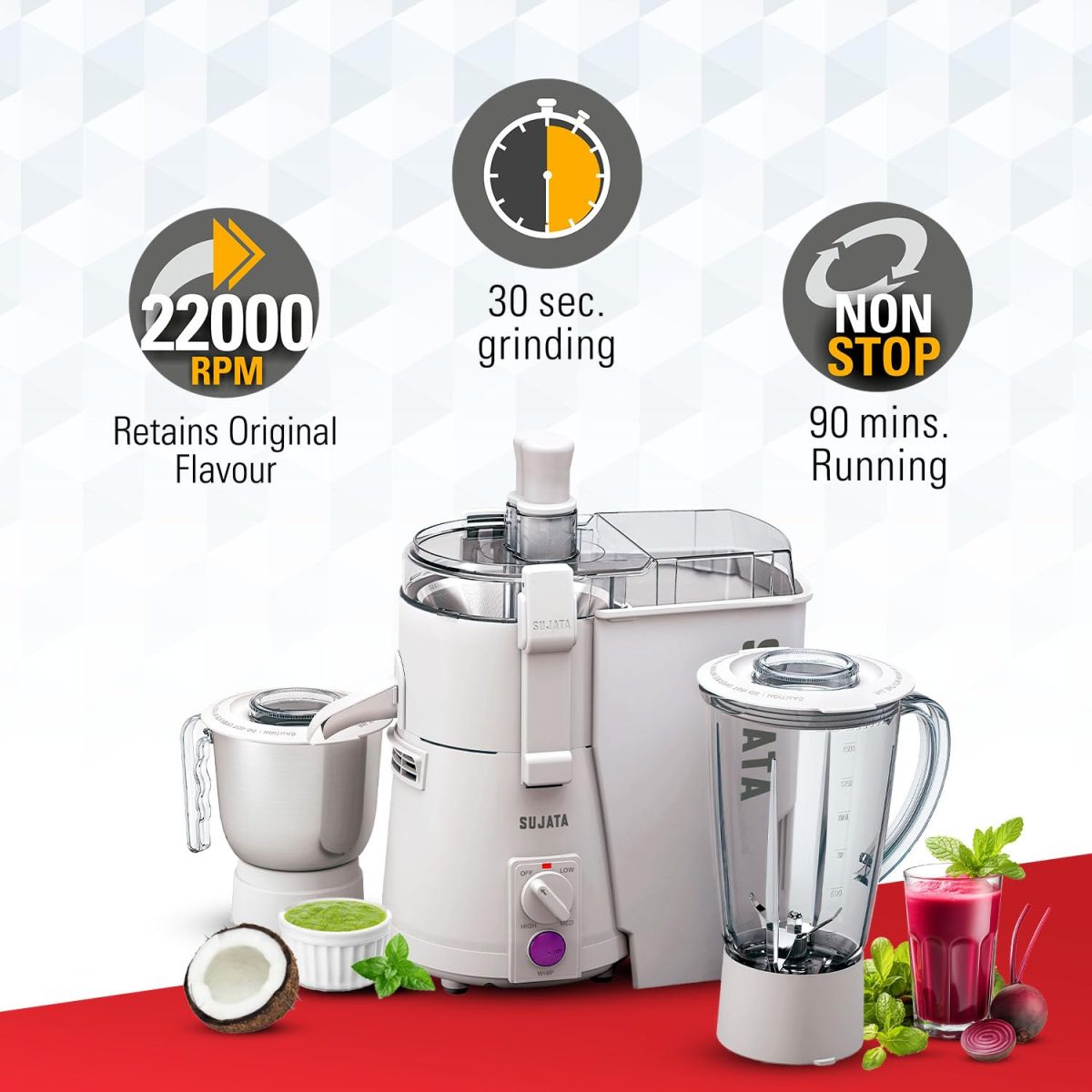Sujata Powermatic Plus 900 Watts Juicer Mixer Grinder | 22000 Rotations Per Min | 90 Minutes Continuous Running | 2 Versatile Jars 1750 ml and 1000 ml - Image 3