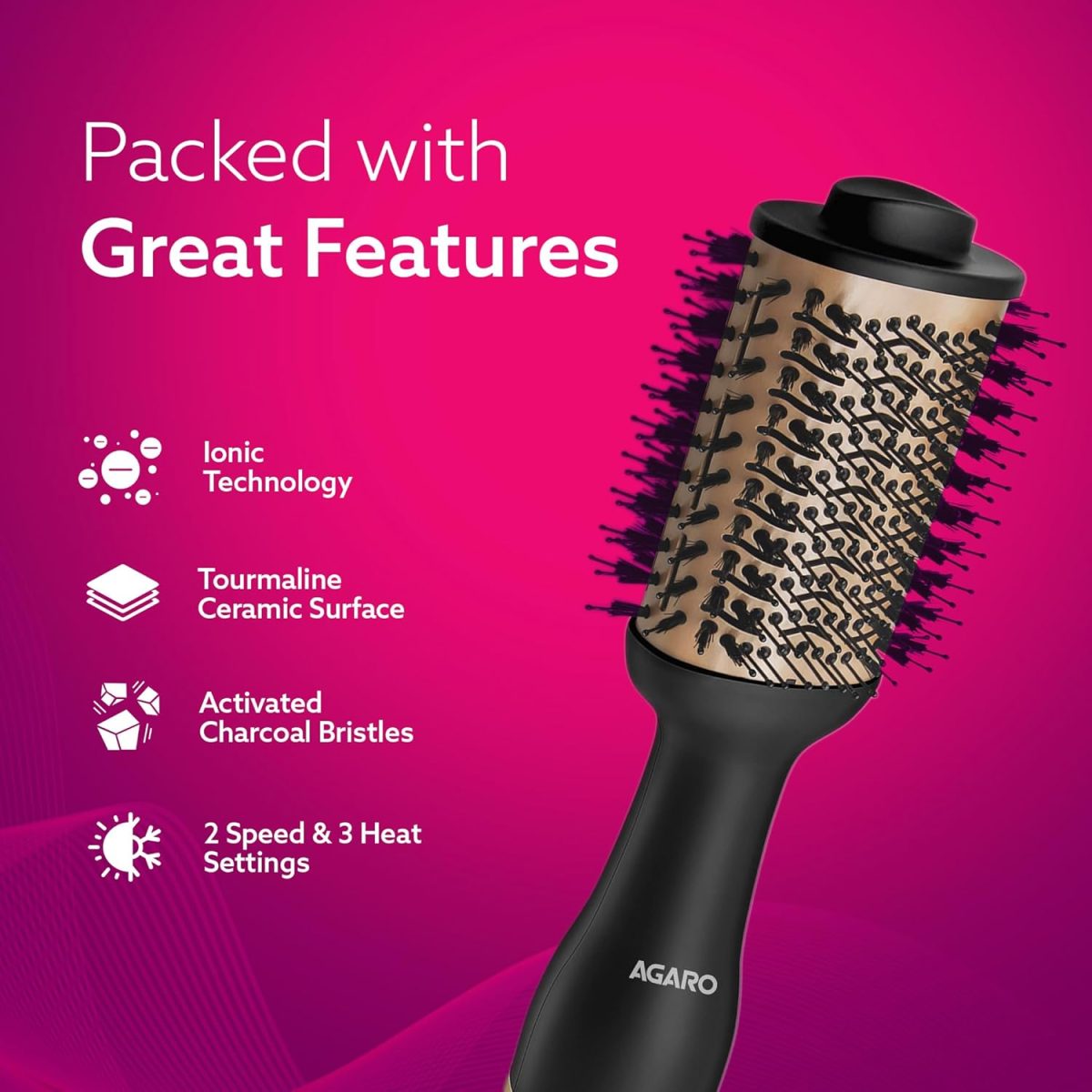 AGARO HV2179 Hot Air Brush for Hair, Blow Dryer Brush, Volumizer & Styler, 360° Airflow Vent, Oval Barrel for Hair Volume, Charcoal Bristles, Ceramic Coating Brushing Head, 1200W, Gold & Black - Image 2
