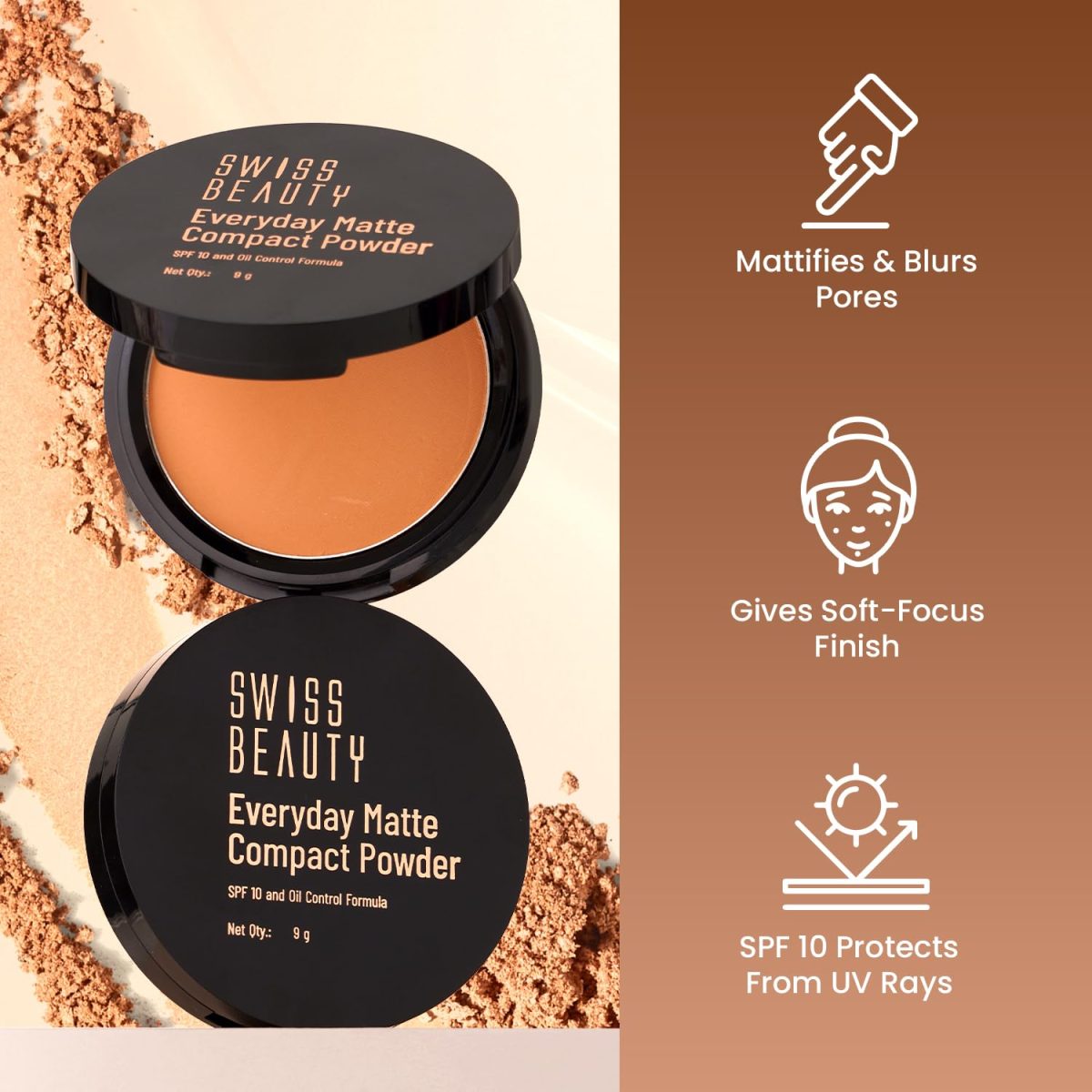 SWISS BEAUTY Everyday Matte Lightweight Compact With Spf 10 For All Skin Types | 12 Hours Of Oil Control | Mattifies Pores And Fine Lines | Comes With Sponge Applicator | Shade- 02 Beige, 9g - Image 3