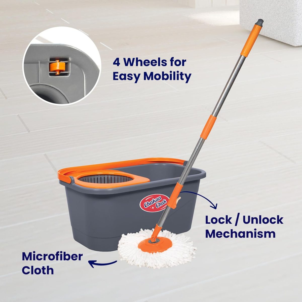 Chakaachak ECO Spin Bucket MOP with 4 Wheels,Bucket Floor Cleaning, Easy Wheels & Cleaning Mop with Bucket, pocha for Floor Cleaning, Mopping Set. - Image 2