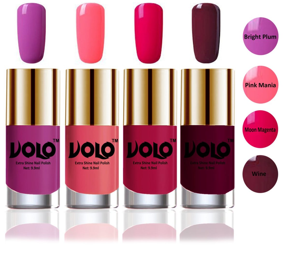 VOLO Hd Colors High-Shine Long Lasting Non Toxic Professional Nail Polish Set Of 4 (Bright Plum, Pink Mania, Moon Magenta & Wine) Glossy Finish, 39.6ml - Image 2