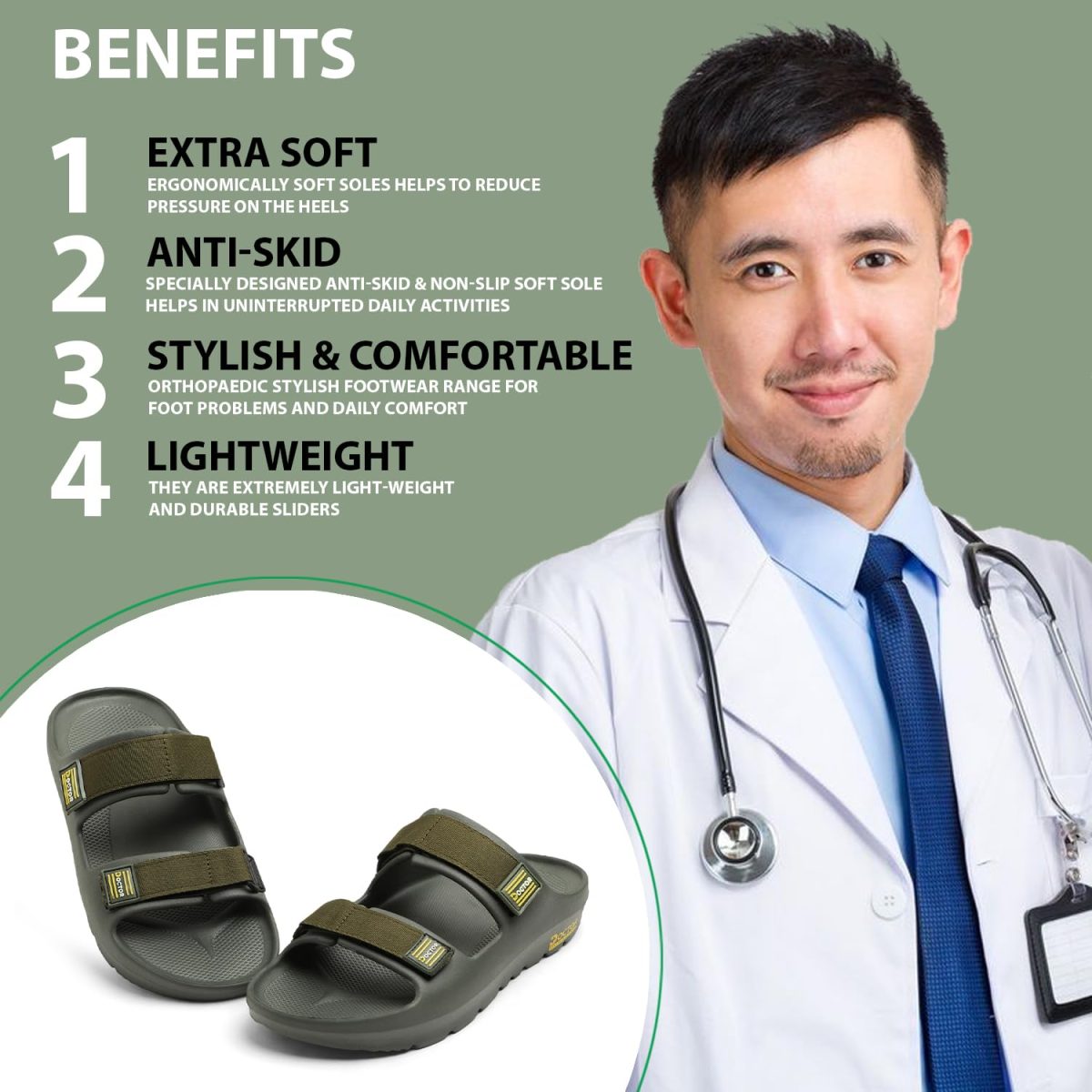 DOCTOR HEALTH SUPER SOFT Men's Orthopedic Double Strap Slippers – Ultra Soft EVA Footbed with Adjustable Straps & Arch Support | Anti-Skid Sliders for Heel Pain Relief, Everyday Comfort - Image 5
