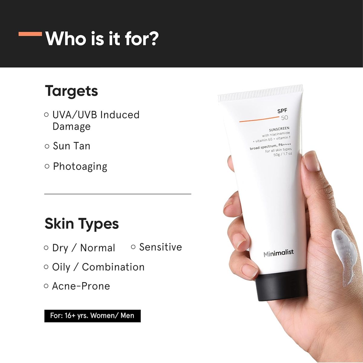 Minimalist Sunscreen SPF 50 PA++++ | Clinically Tested in US (In-Vivo) | Lightweight Cream with Multi-Vitamins | No White Cast | Broad Spectrum Niacinamide Sunscreen For Oily Skin, Dry Skin | For Women & Men | 50g (Pack of 1) - Image 3