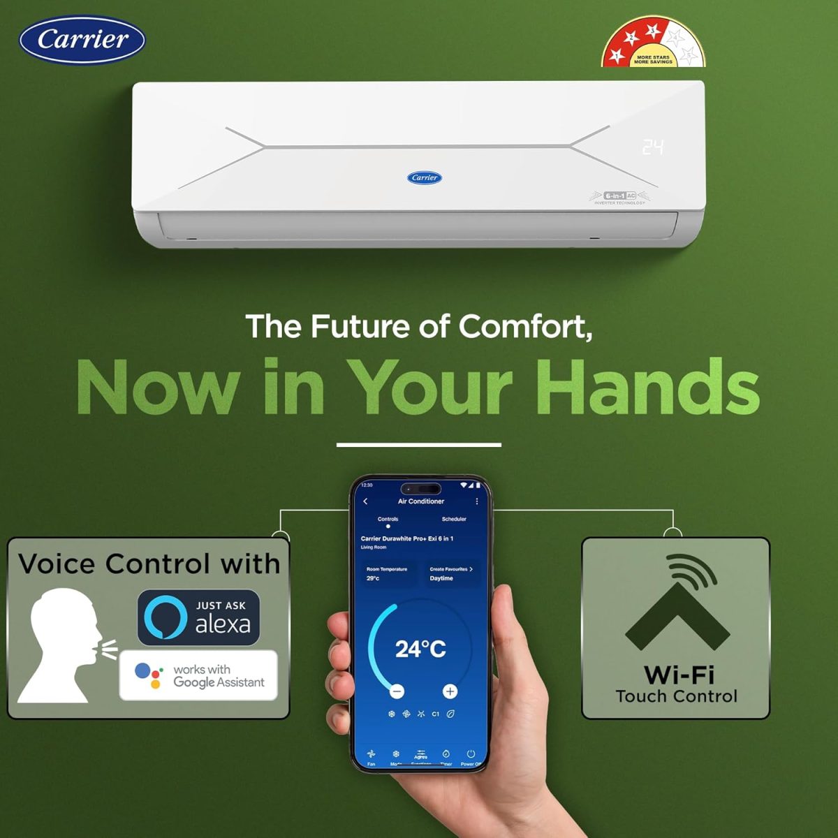 Carrier 1.5 Ton 3 Star Wi-Fi Smart Flexicool Inverter Split AC (Copper, Convertible 6-in-1 Cooling,Smart Energy Display, HD & PM 2.5 Filter, ESTER EDGE FXi (Wi-Fi), CAI18EE3R35W0,White) - Image 2