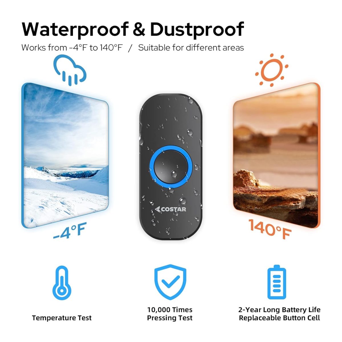 COSTAR Wireless Door Bell Kits Chime for Home Office with LED Light 300 Meter 1000 Feet Operating Range 32 Ringtones 5 Levels Volume, 1 Receiver and 1 Push Button IP44 Waterproof (Pebble T301-Black) - Image 2