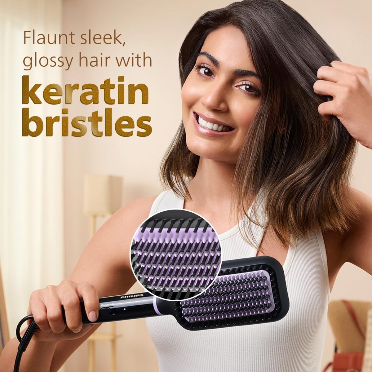 Philips Hair Straightener Brush - Naturally Straight Hair in 5mins, 5X Better Frizz Free Hair I Style with 2X More Volume | Shiny and Smooth Hair I No Scalp Burns | ThermoProtect Technology I Keratin Bristles I 2 Temperature settings | BHH880/10 - Image 8
