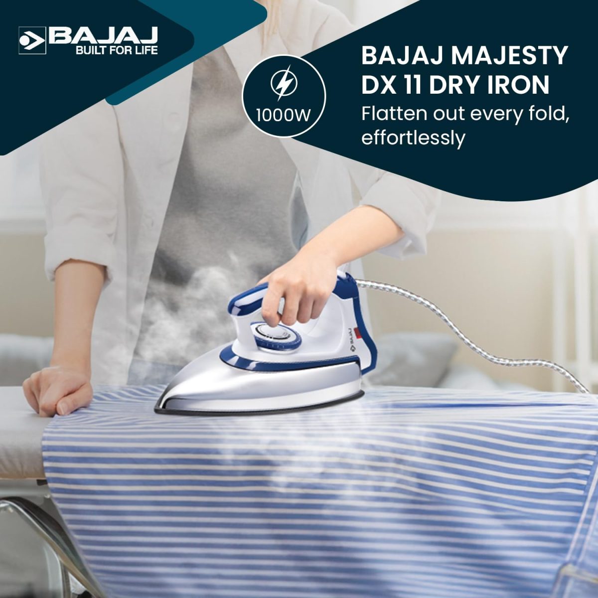 Bajaj Stainless Steel Majesty DX-11 1000 Watts Dry Iron | Advance Soleplate And Anti-Bacterial German Coating Technology | Automatic Shut Off | Thermal Safety Fuse | 2-Yrs Warranty 【White & Blue】 - Image 2